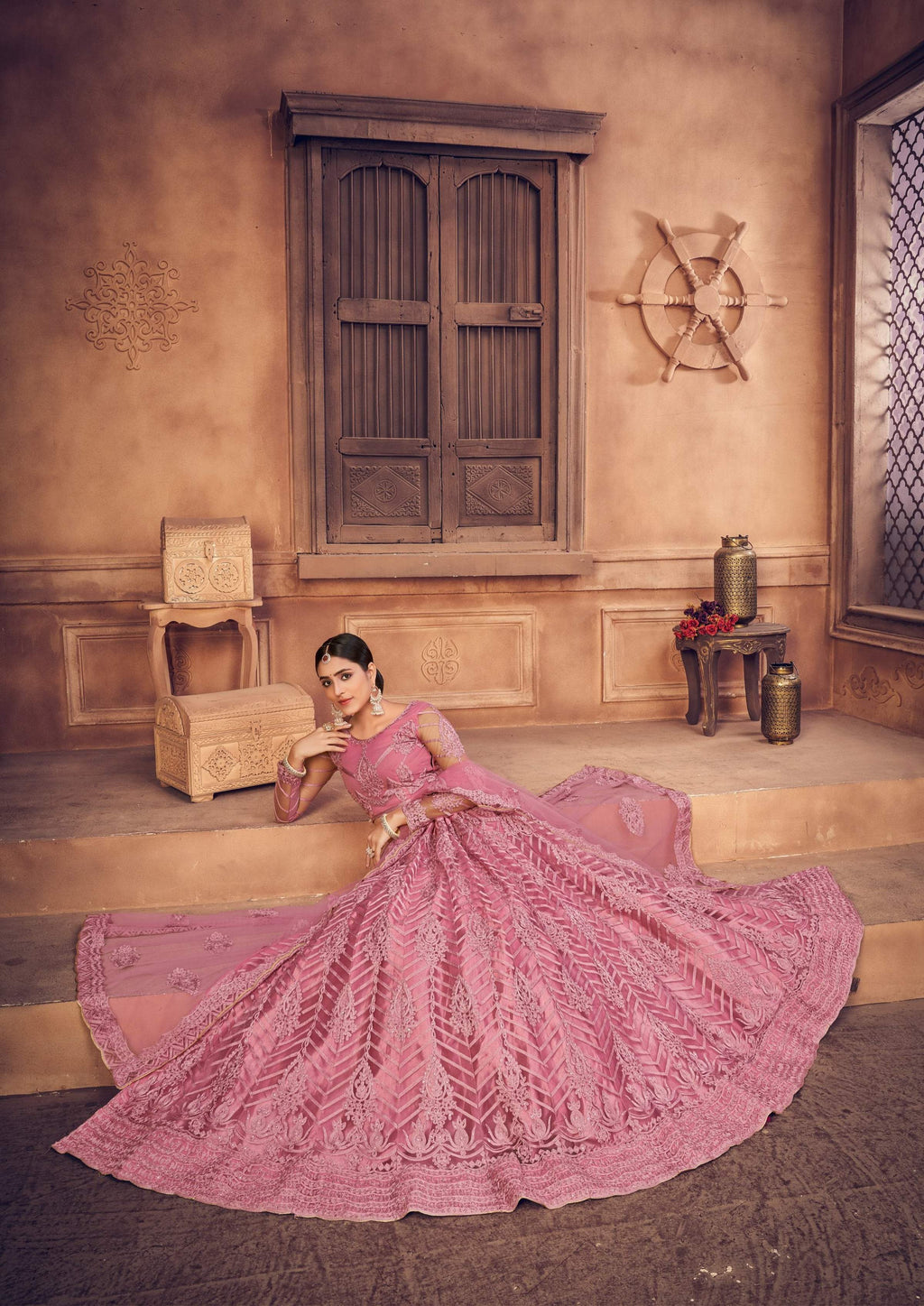 Jyoti Fashion Women's Dusty Pink Net Thread Embroidered Designer Lehenga Choli Set | Grocsy