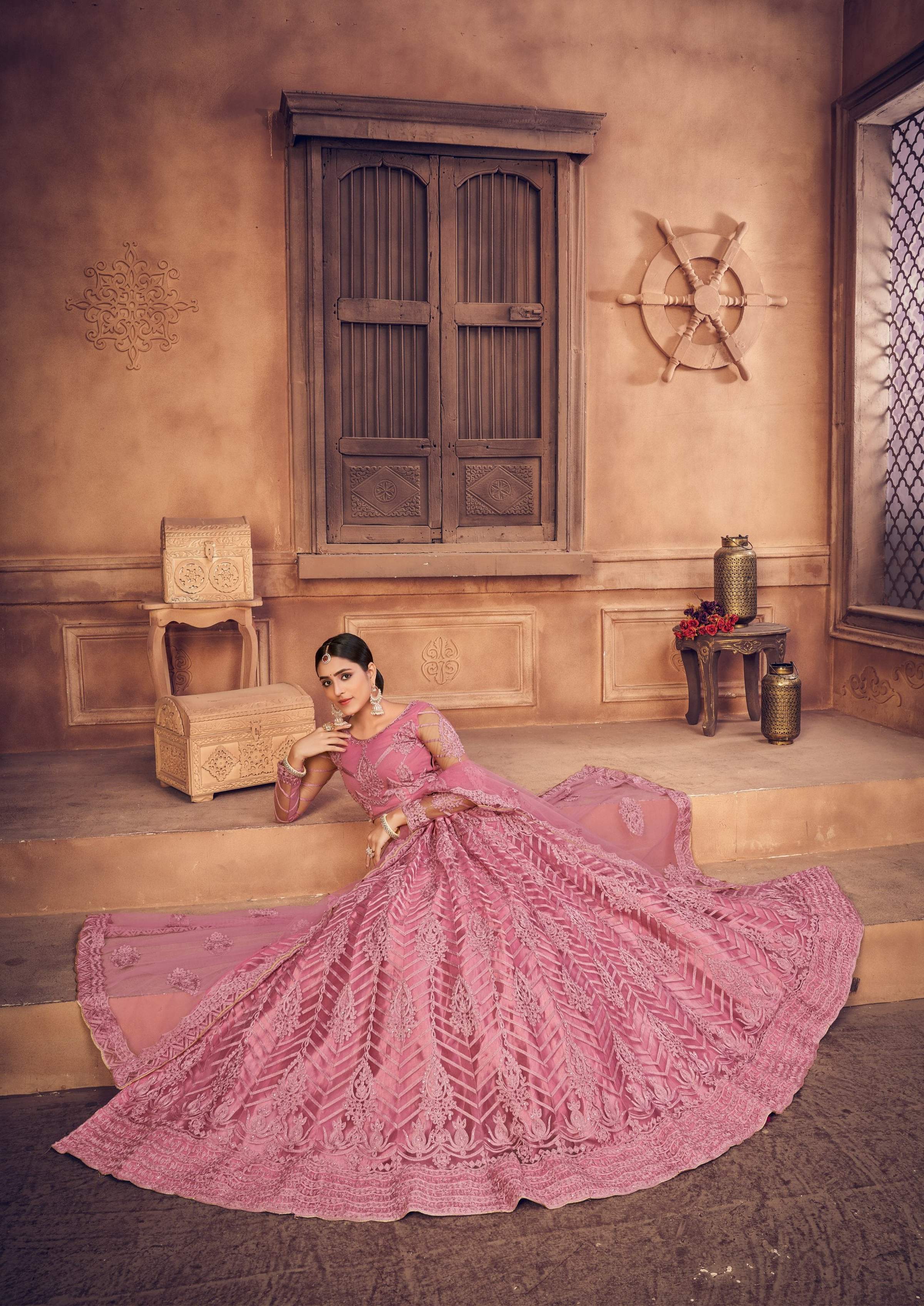 Jyoti Fashion Women's Dusty Pink Net Thread Embroidered Designer Lehenga Choli Set | Grocsy