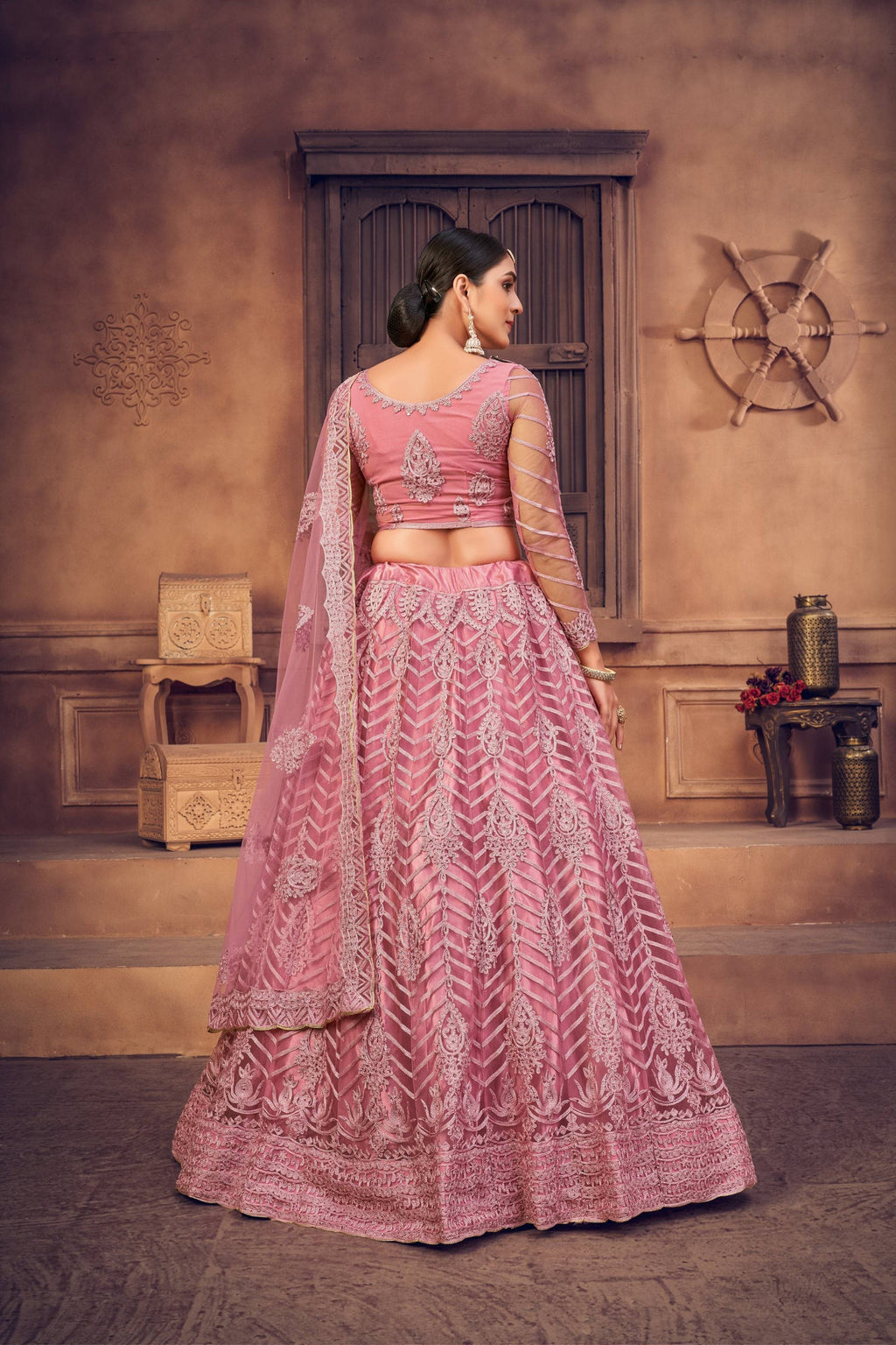 Jyoti Fashion Women's Dusty Pink Net Thread Embroidered Designer Lehenga Choli Set | Grocsy
