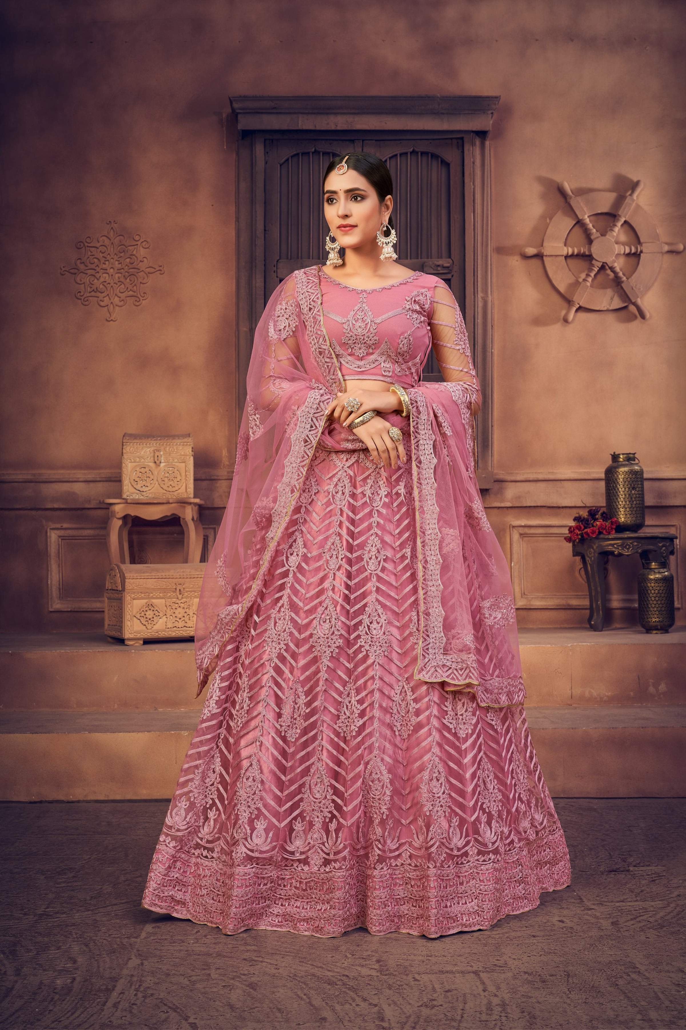 Jyoti Fashion Women's Dusty Pink Net Thread Embroidered Designer Lehenga Choli Set | Grocsy