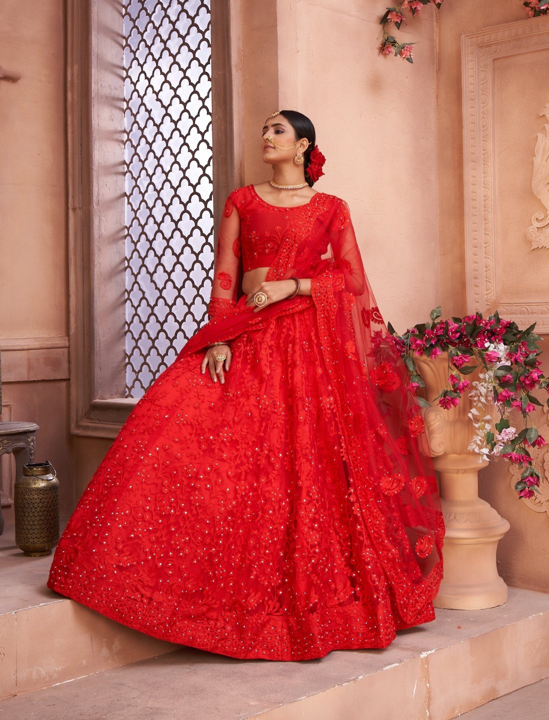Jyoti Fashion Women's Red Net Thread Embroidered Designer Lehenga Choli Set | Grocsy