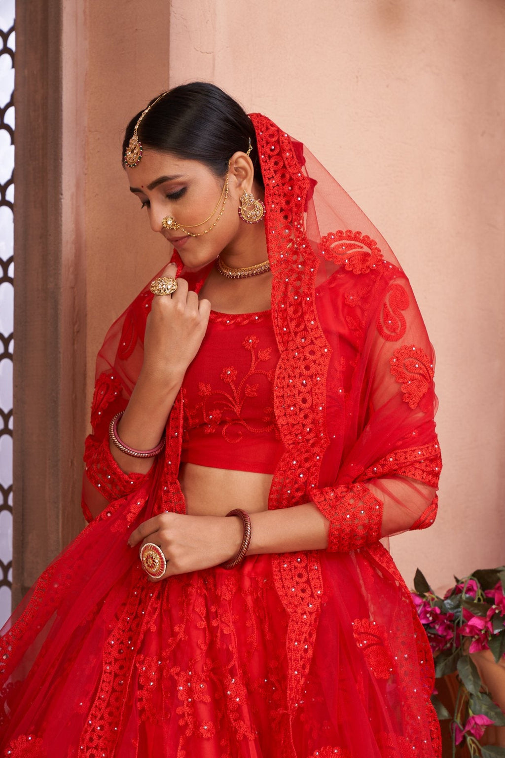 Jyoti Fashion Women's Red Net Thread Embroidered Designer Lehenga Choli Set | Grocsy