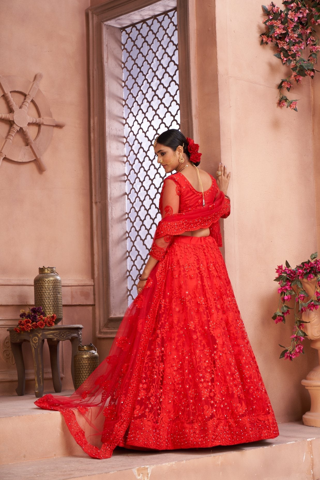 Jyoti Fashion Women's Red Net Thread Embroidered Designer Lehenga Choli Set | Grocsy