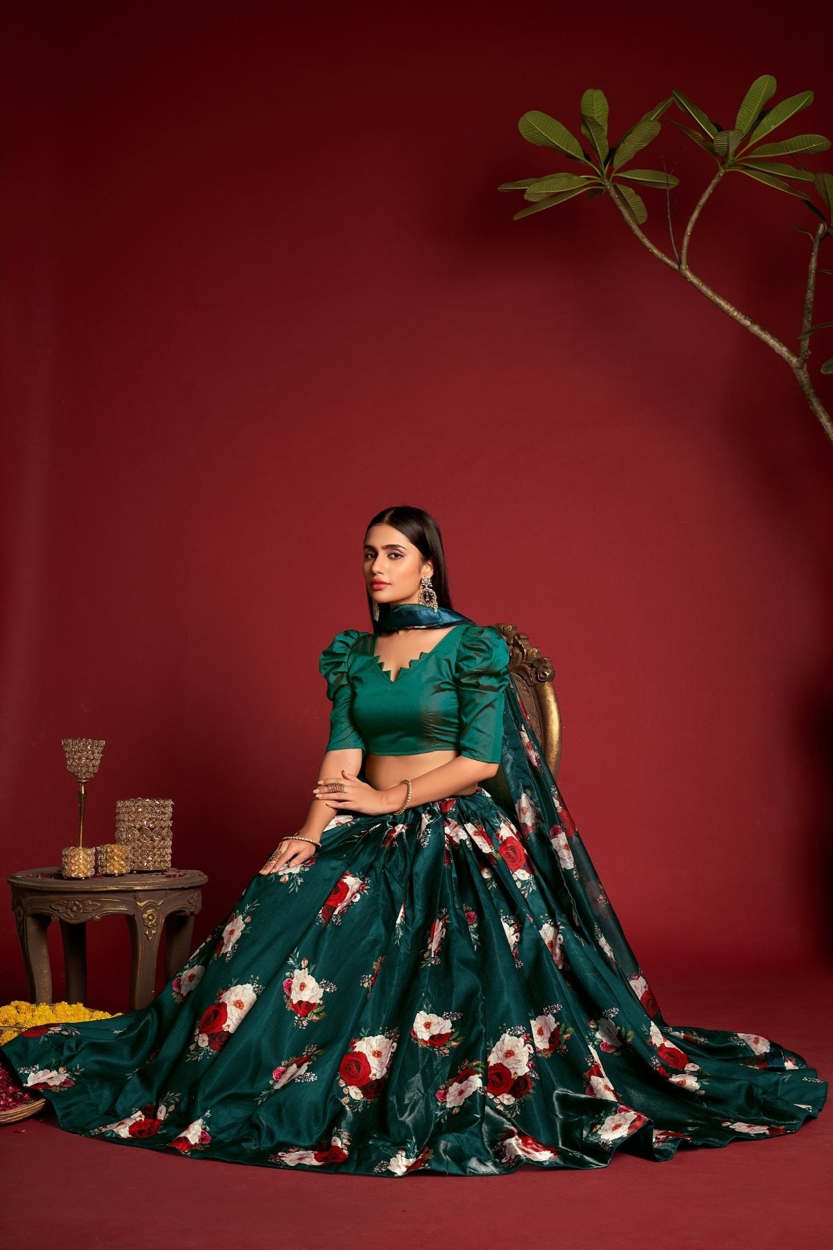 Jyoti Fashion Women's Teal Banglory Silk Floral Printed Designer Lehenga Choli Set | Grocsy