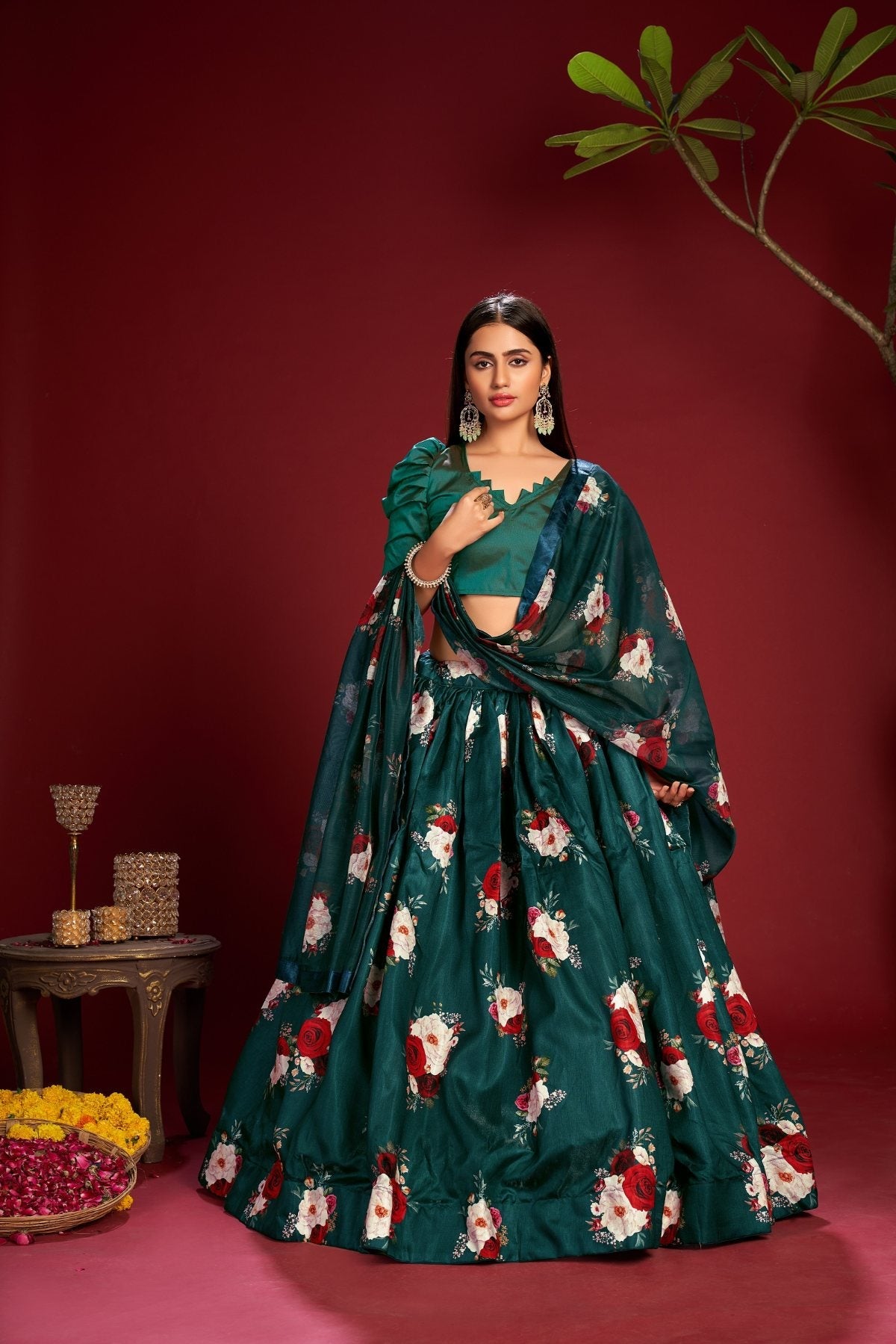Jyoti Fashion Women's Teal Banglory Silk Floral Printed Designer Lehenga Choli Set | Grocsy