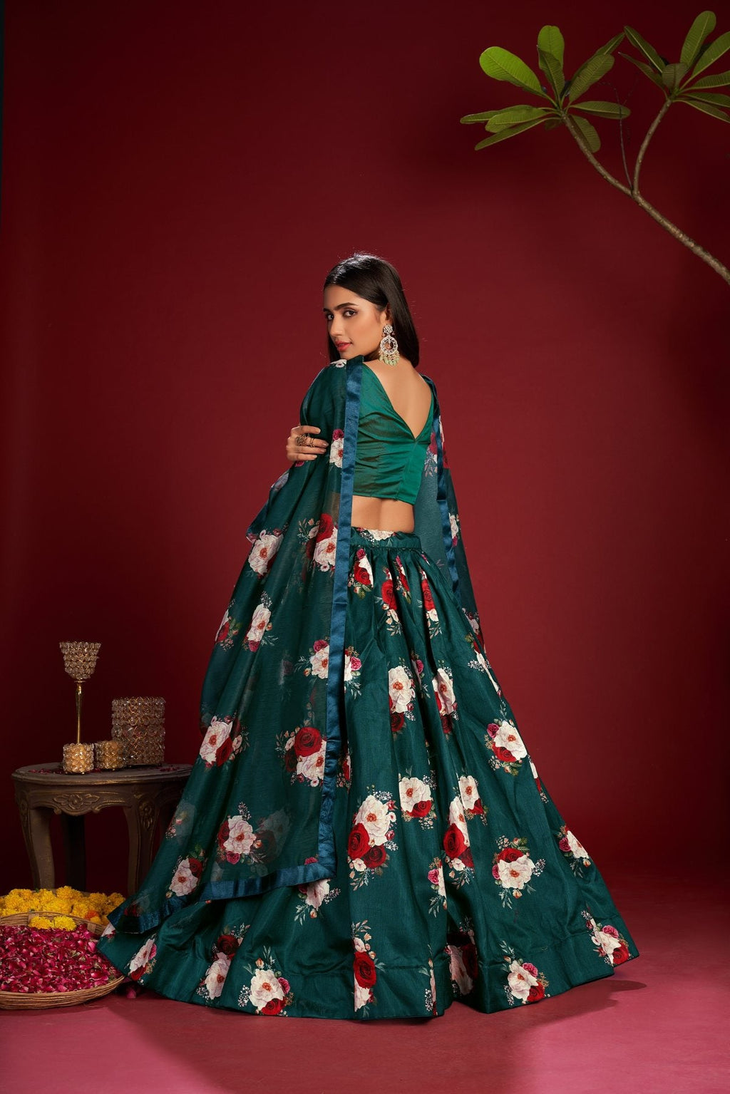 Jyoti Fashion Women's Teal Banglory Silk Floral Printed Designer Lehenga Choli Set | Grocsy