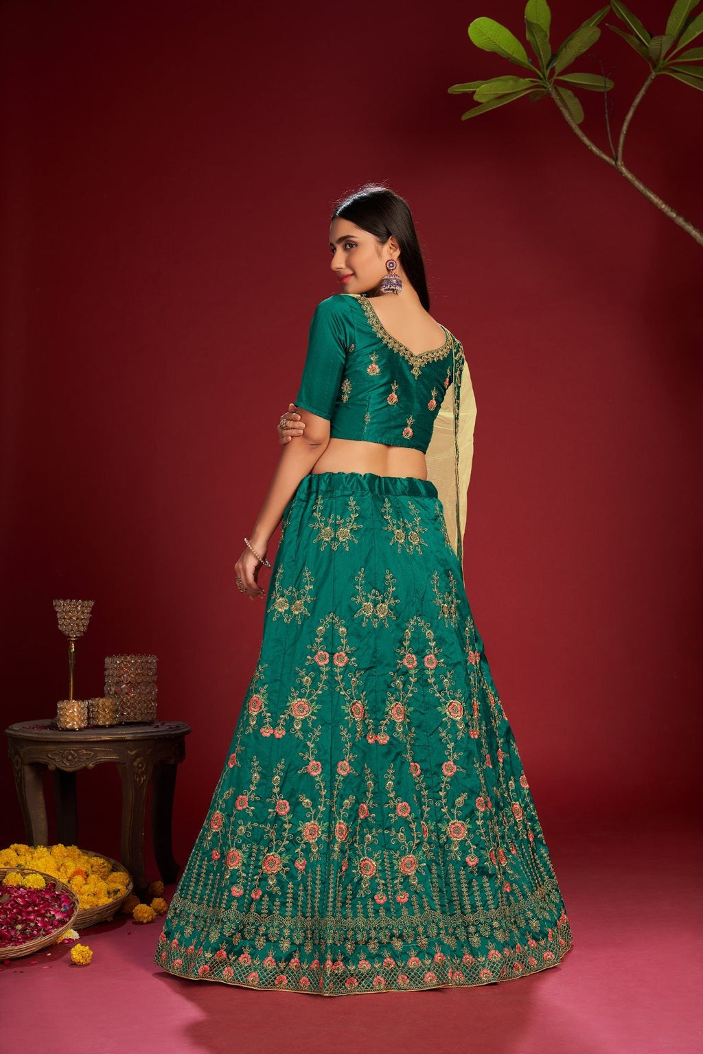 Jyoti Fashion Women's Dark Green Taffeta Silk Thread Embroidered Designer Lehenga Choli Set | Grocsy