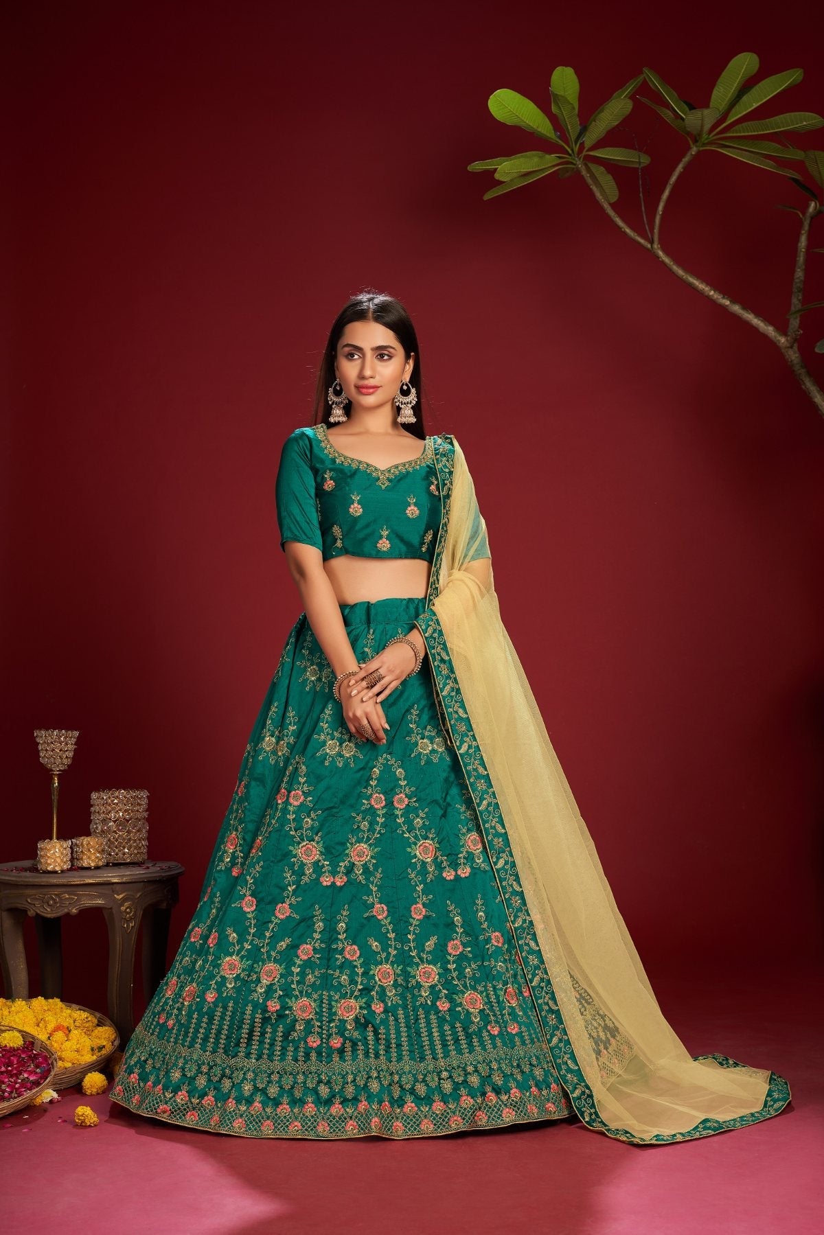 Jyoti Fashion Women's Dark Green Taffeta Silk Thread Embroidered Designer Lehenga Choli Set | Grocsy