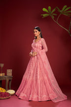 Jyoti Fashion Women's Pink Net Thread Embroidered Designer Lehenga Choli Set | Grocsy