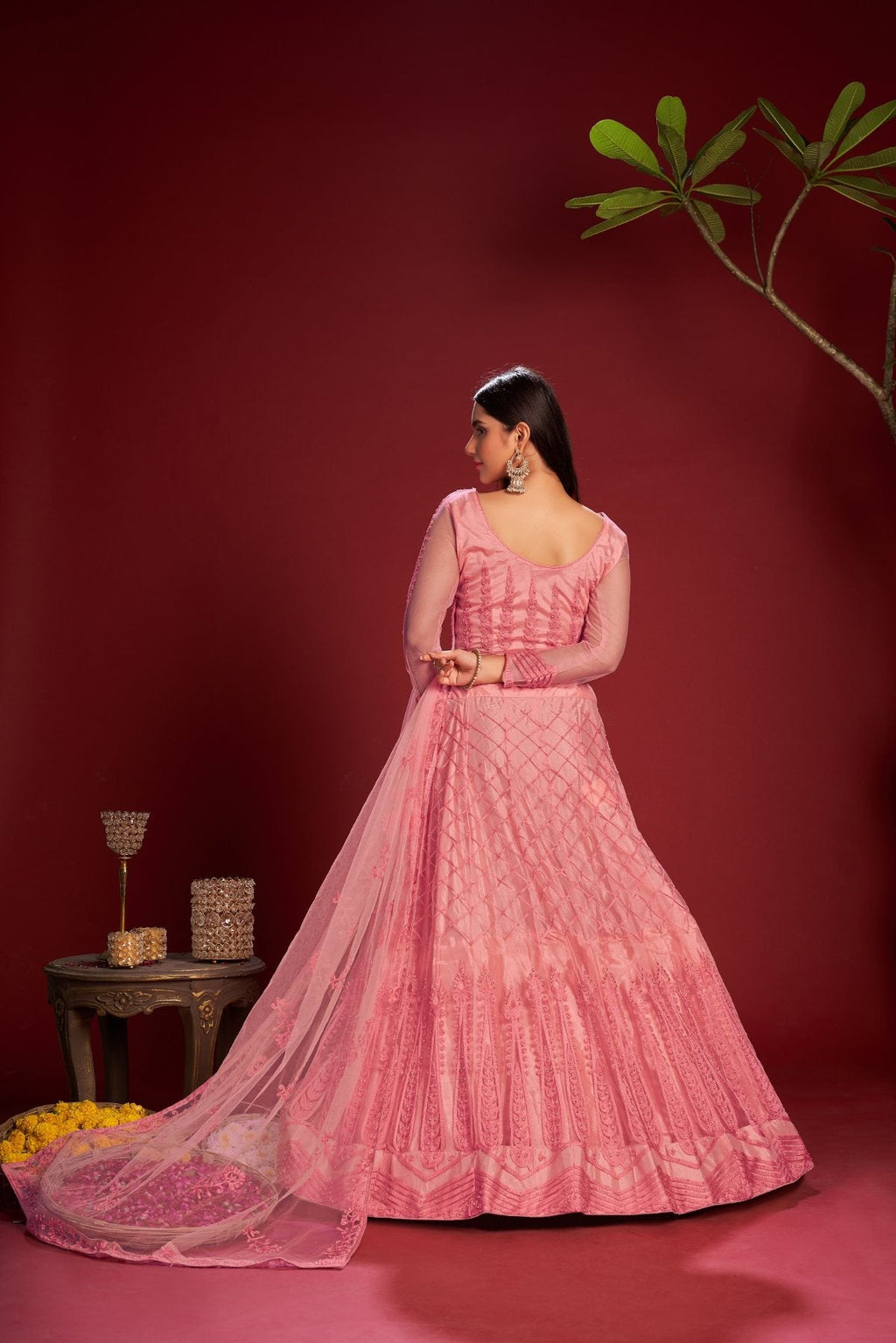 Jyoti Fashion Women's Pink Net Thread Embroidered Designer Lehenga Choli Set | Grocsy