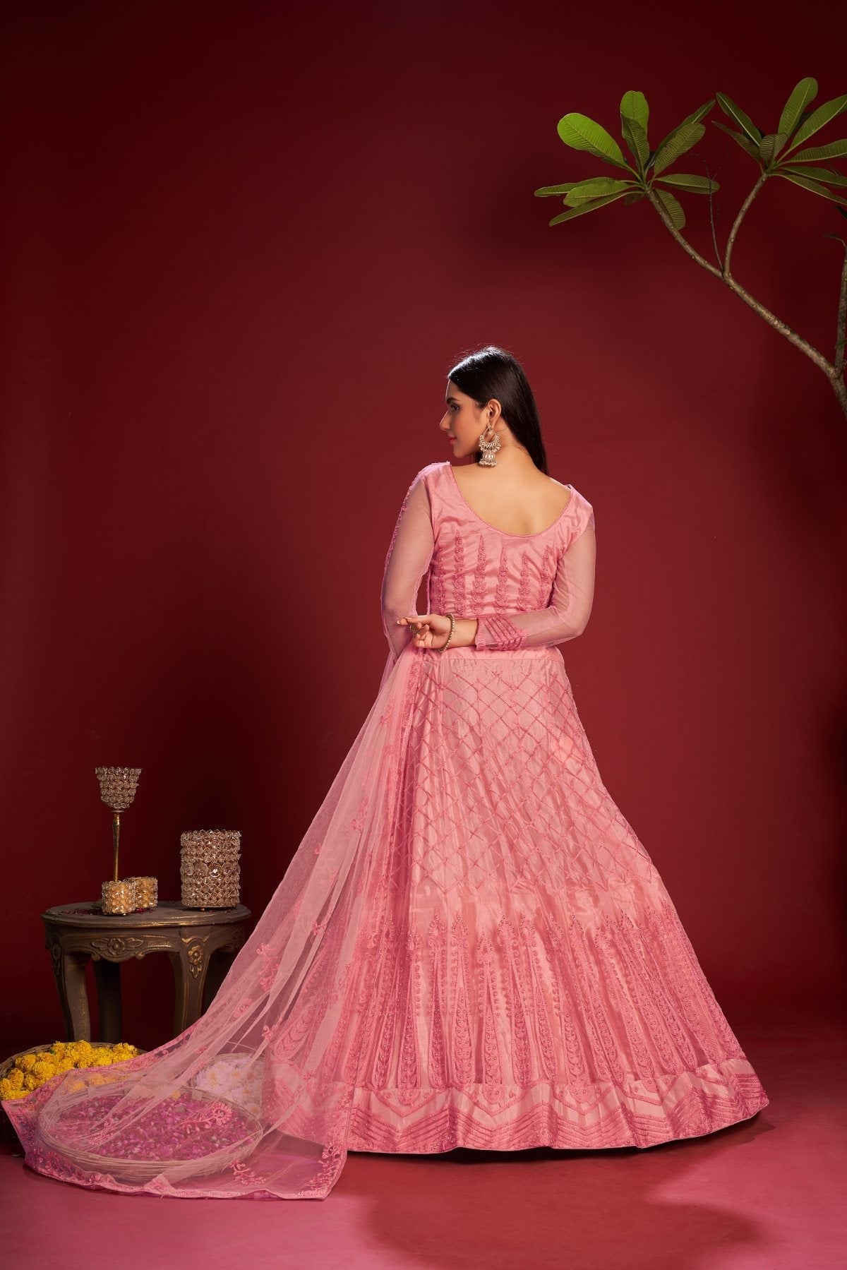 Jyoti Fashion Women's Pink Net Thread Embroidered Designer Lehenga Choli Set | Grocsy