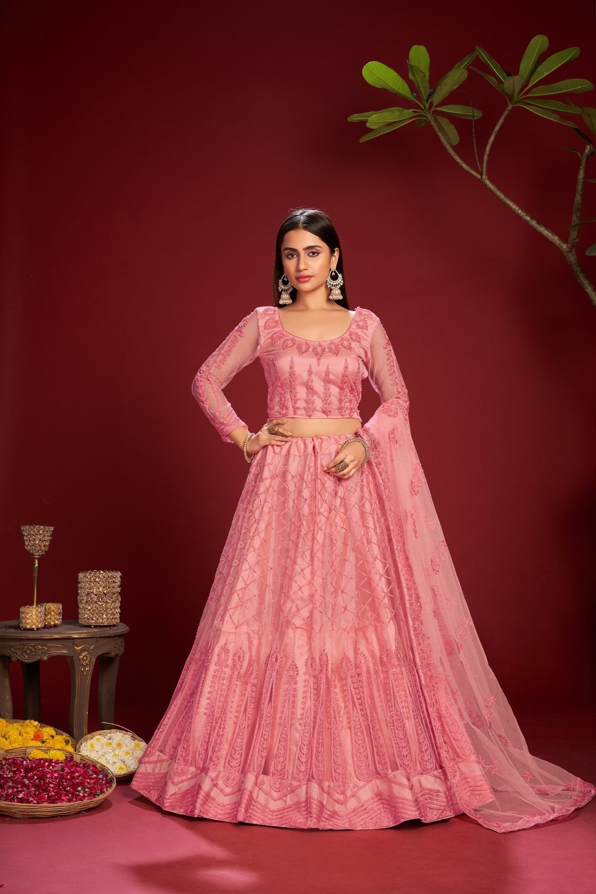 Jyoti Fashion Women's Pink Net Thread Embroidered Designer Lehenga Choli Set | Grocsy