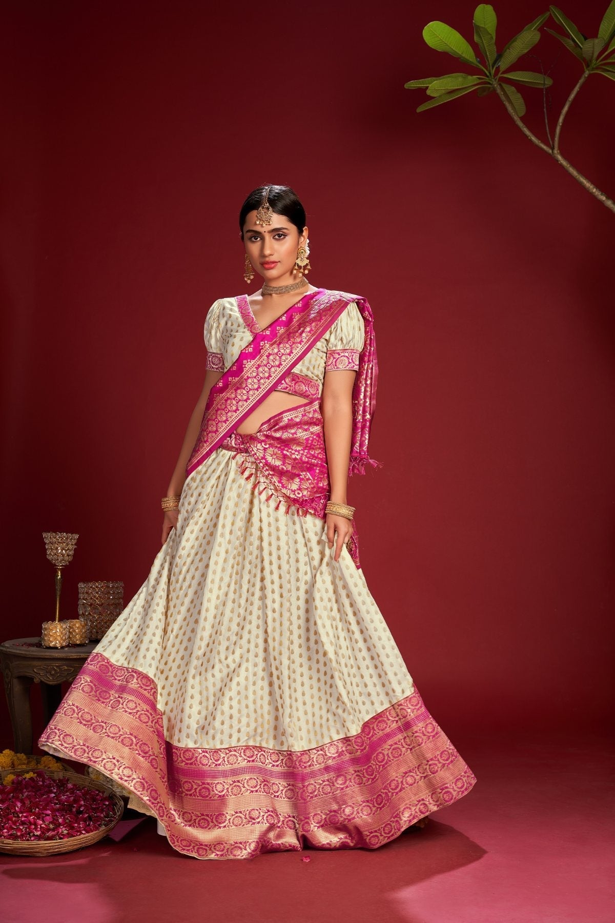 Jyoti Fashion Women's White Jacquard Zari Woven Designer Lehenga Choli Set | Grocsy