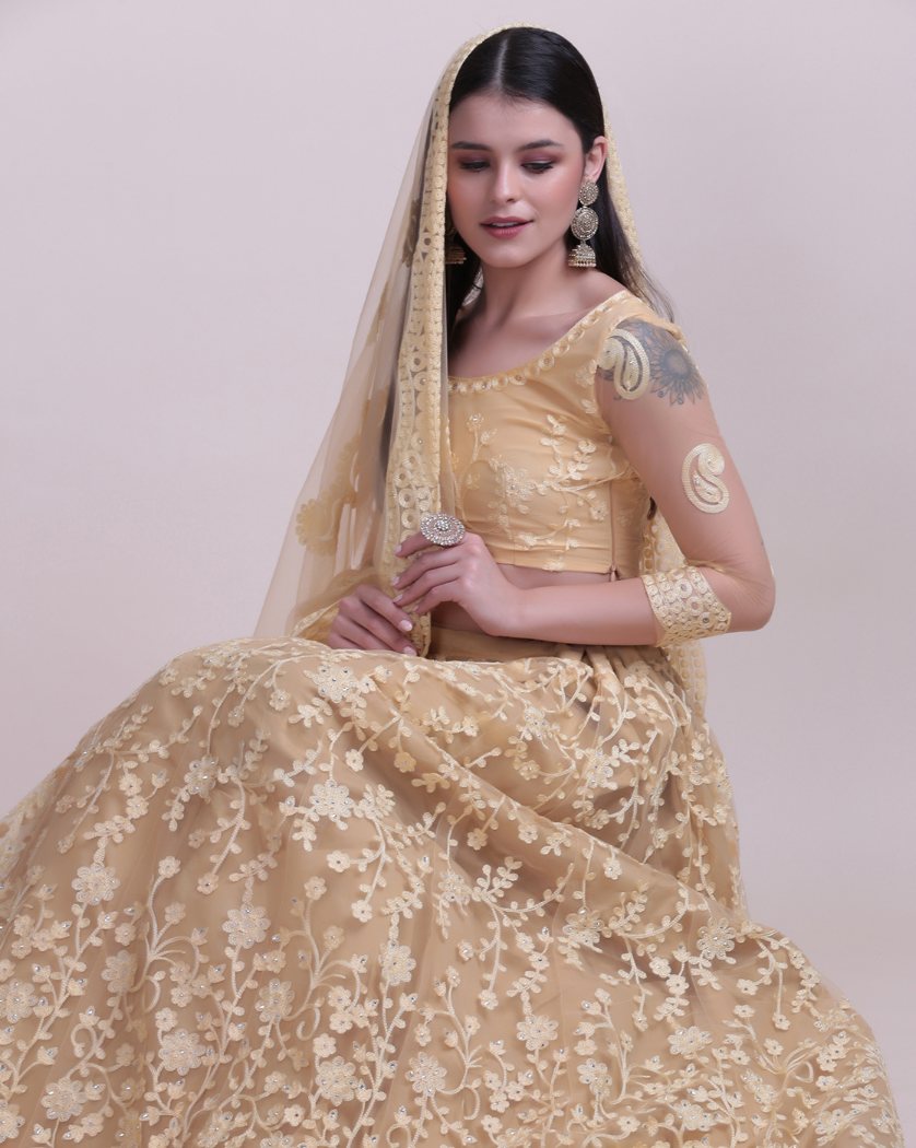 Jyoti Fashion Women's Cream Net Thread Embroidered Designer Lehenga Choli Set | Grocsy