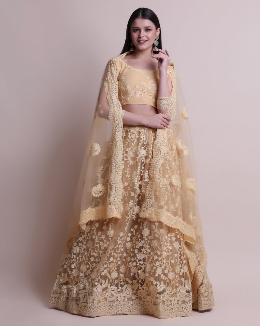 Jyoti Fashion Women's Cream Net Thread Embroidered Designer Lehenga Choli Set | Grocsy