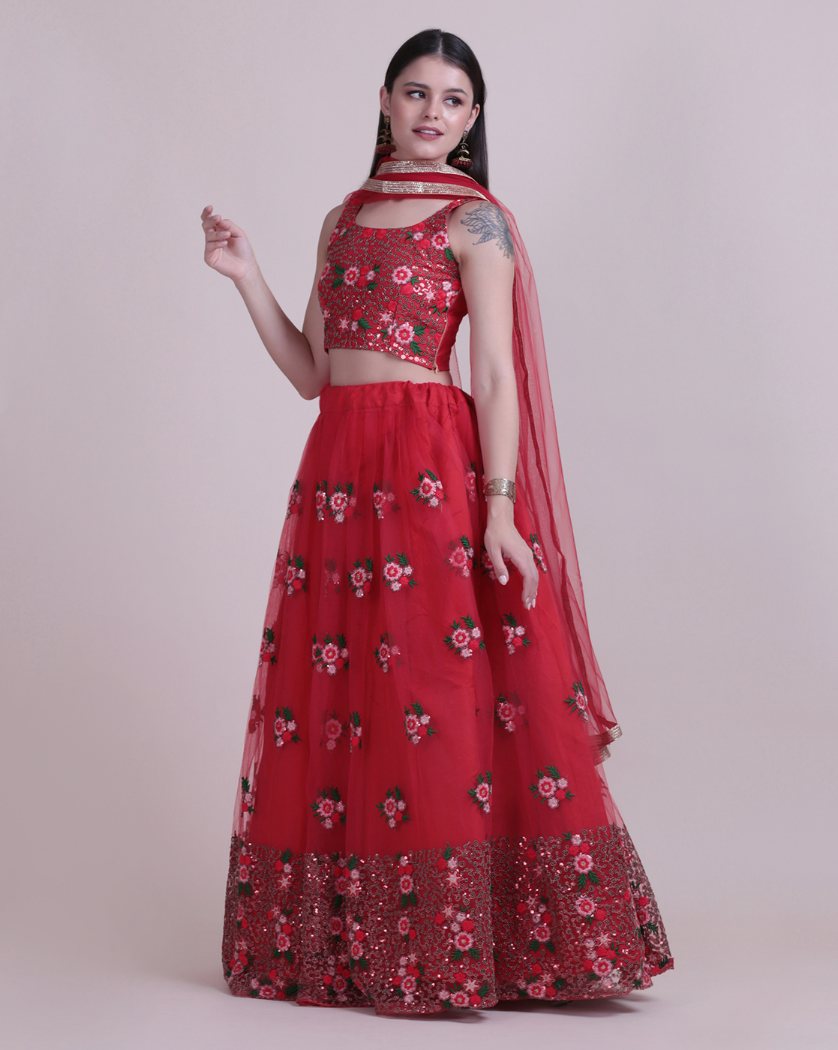 Jyoti Fashion Women's Red Net Thread Embroidered Designer Lehenga Choli Set | Grocsy