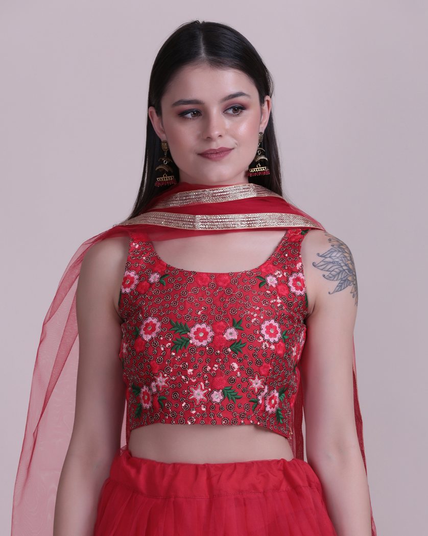 Jyoti Fashion Women's Red Net Thread Embroidered Designer Lehenga Choli Set | Grocsy
