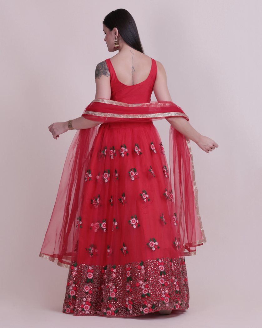 Jyoti Fashion Women's Red Net Thread Embroidered Designer Lehenga Choli Set | Grocsy
