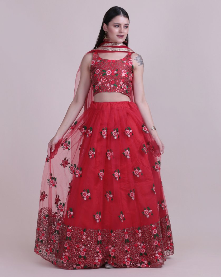 Jyoti Fashion Women's Red Net Thread Embroidered Designer Lehenga Choli Set | Grocsy