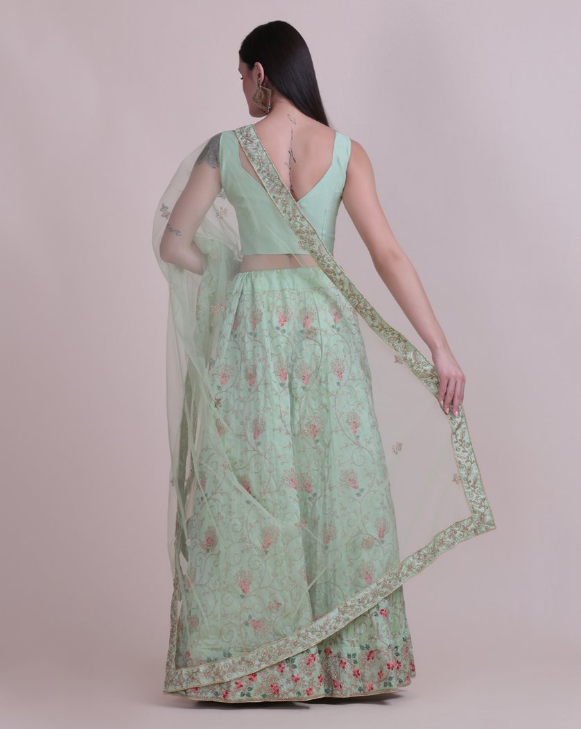 Jyoti Fashion Women's Sea Green Taffeta Silk Thread Embroidered Designer Lehenga Choli Set | Grocsy