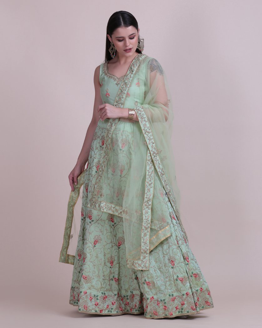 Jyoti Fashion Women's Sea Green Taffeta Silk Thread Embroidered Designer Lehenga Choli Set | Grocsy