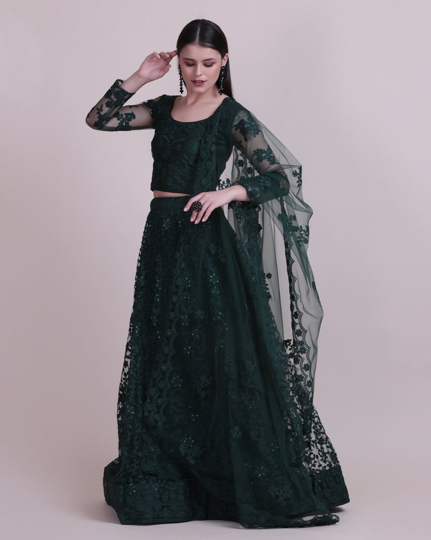 Jyoti Fashion Women's Dark Green Net Thread Embroidered Designer Lehenga Choli Set | Grocsy