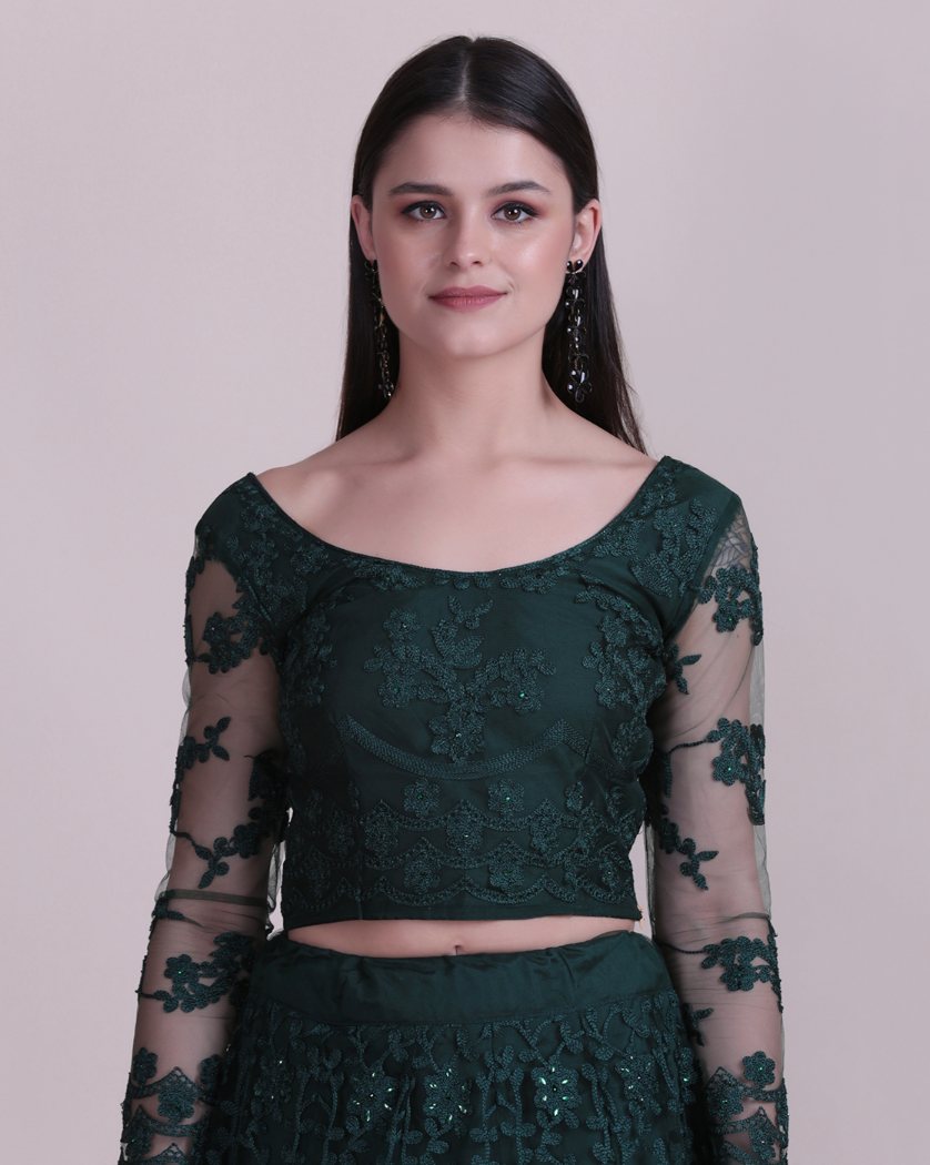 Jyoti Fashion Women's Dark Green Net Thread Embroidered Designer Lehenga Choli Set | Grocsy