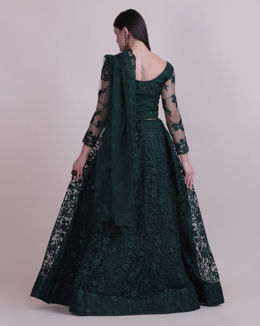 Jyoti Fashion Women's Dark Green Net Thread Embroidered Designer Lehenga Choli Set | Grocsy