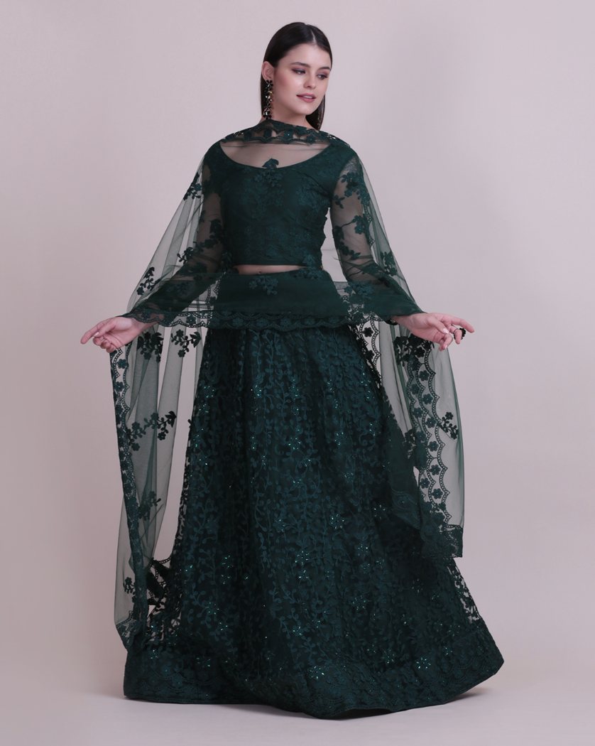 Jyoti Fashion Women's Dark Green Net Thread Embroidered Designer Lehenga Choli Set | Grocsy