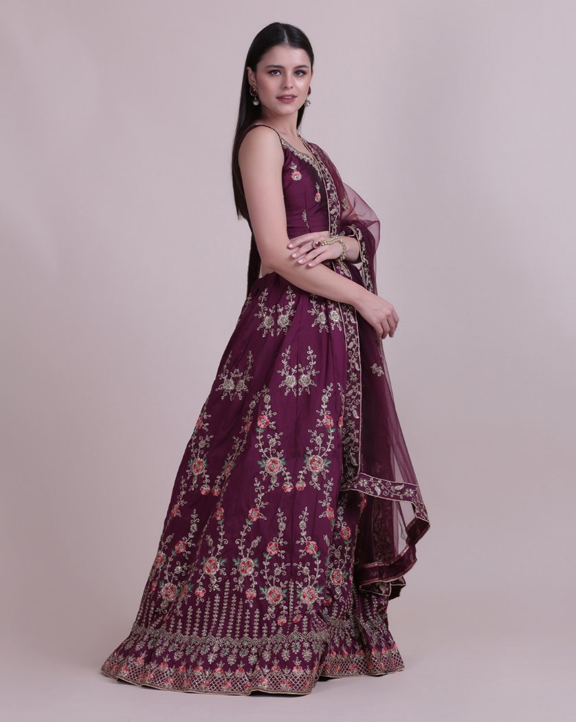 Jyoti Fashion Women's Wine Taffeta Silk Thread Embroidered Designer Lehenga Choli Set | Grocsy