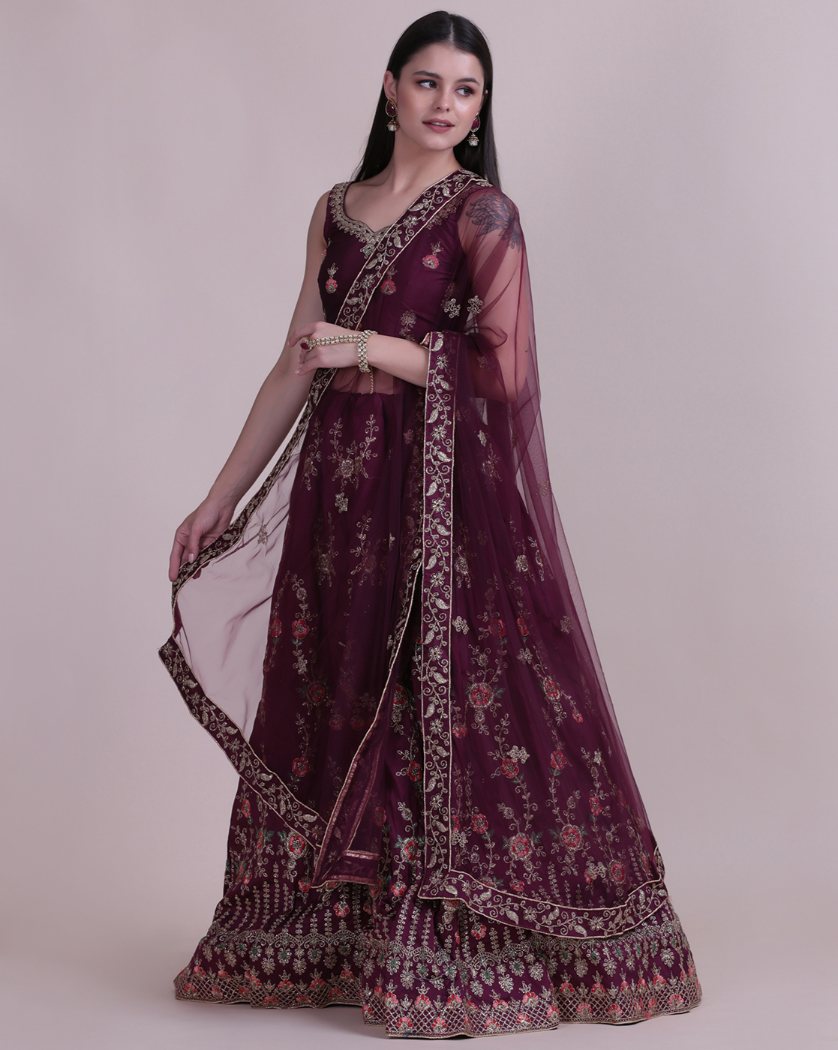 Jyoti Fashion Women's Wine Taffeta Silk Thread Embroidered Designer Lehenga Choli Set | Grocsy