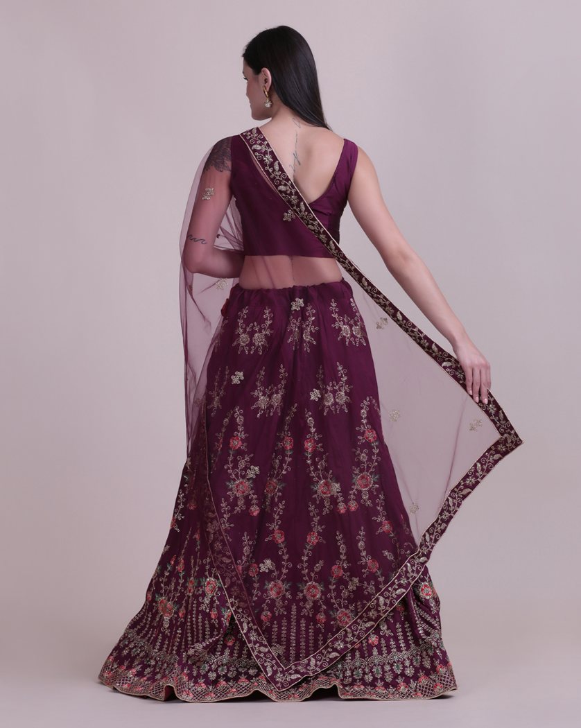 Jyoti Fashion Women's Wine Taffeta Silk Thread Embroidered Designer Lehenga Choli Set | Grocsy