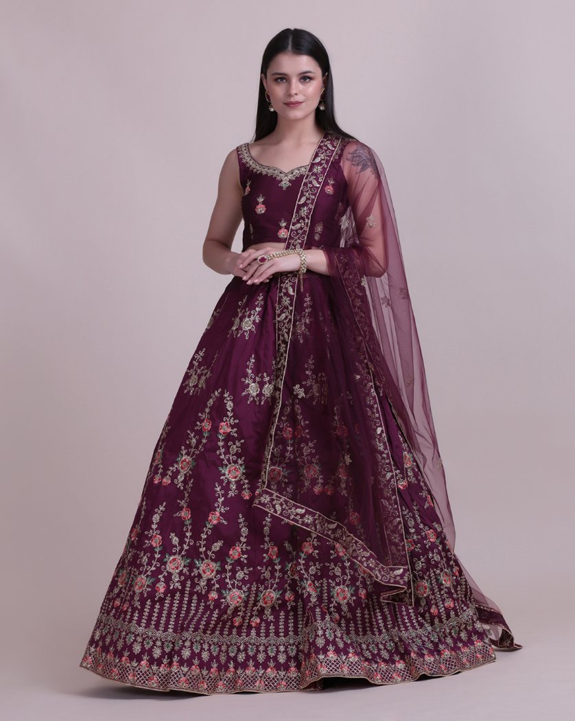 Jyoti Fashion Women's Wine Taffeta Silk Thread Embroidered Designer Lehenga Choli Set | Grocsy