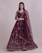 Jyoti Fashion Women's Wine Taffeta Silk Thread Embroidered Designer Lehenga Choli Set | Grocsy