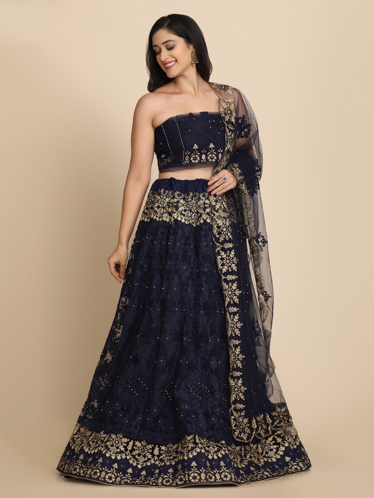 Jyoti Fashion Women's Navy Blue Net Thread Embroidered Designer Lehenga Choli Set | Grocsy