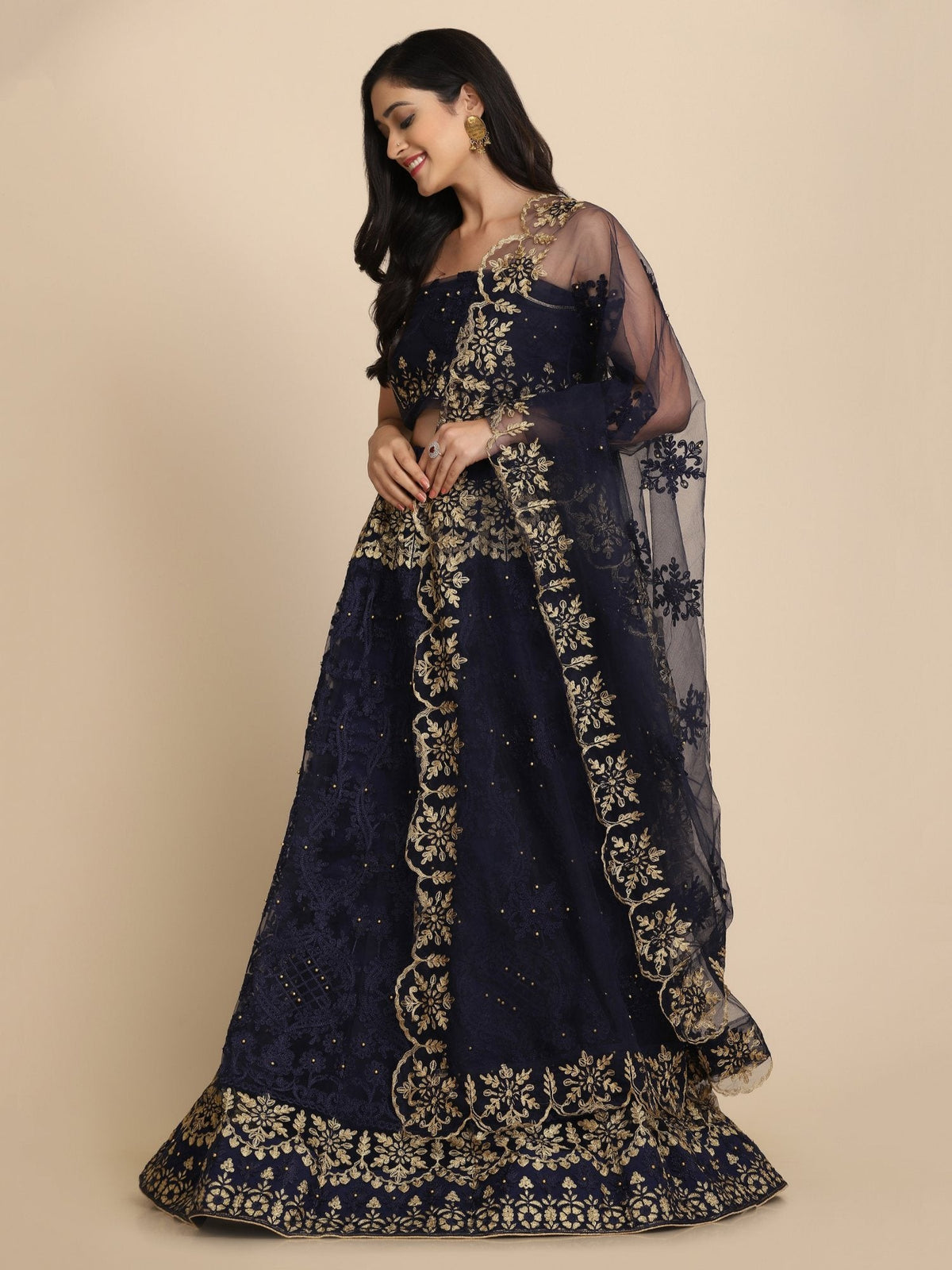 Jyoti Fashion Women's Navy Blue Net Thread Embroidered Designer Lehenga Choli Set | Grocsy