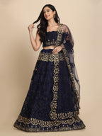 Jyoti Fashion Women's Navy Blue Net Thread Embroidered Designer Lehenga Choli Set | Grocsy