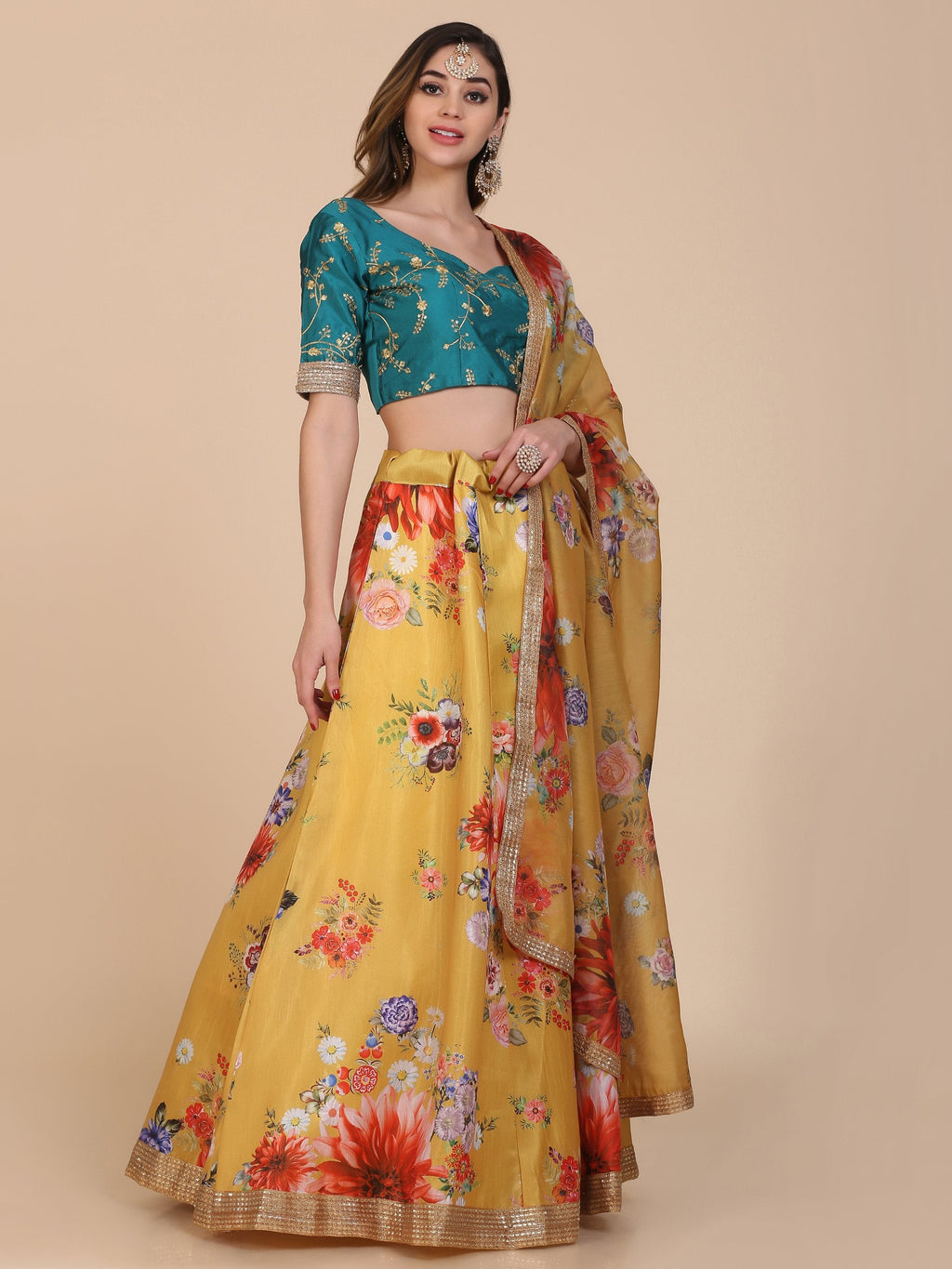Jyoti Fashion Women's Yellow Banglory Silk Floral Printed Designer Lehenga Choli Set | Grocsy