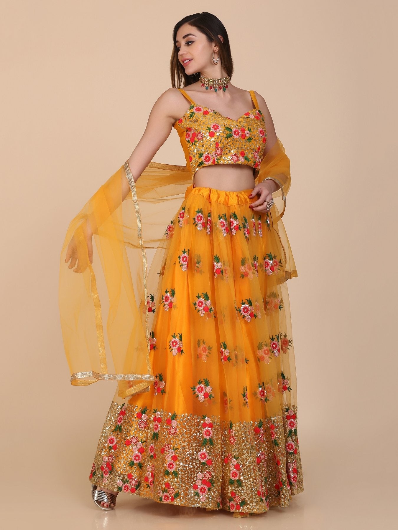 Jyoti Fashion Women's Yellow Net Thread Embroidered Designer Lehenga Choli Set | Grocsy