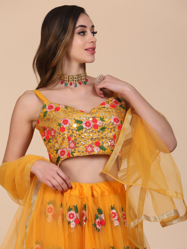 Jyoti Fashion Women's Yellow Net Thread Embroidered Designer Lehenga Choli Set | Grocsy