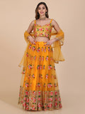 Jyoti Fashion Women's Yellow Net Thread Embroidered Designer Lehenga Choli Set | Grocsy