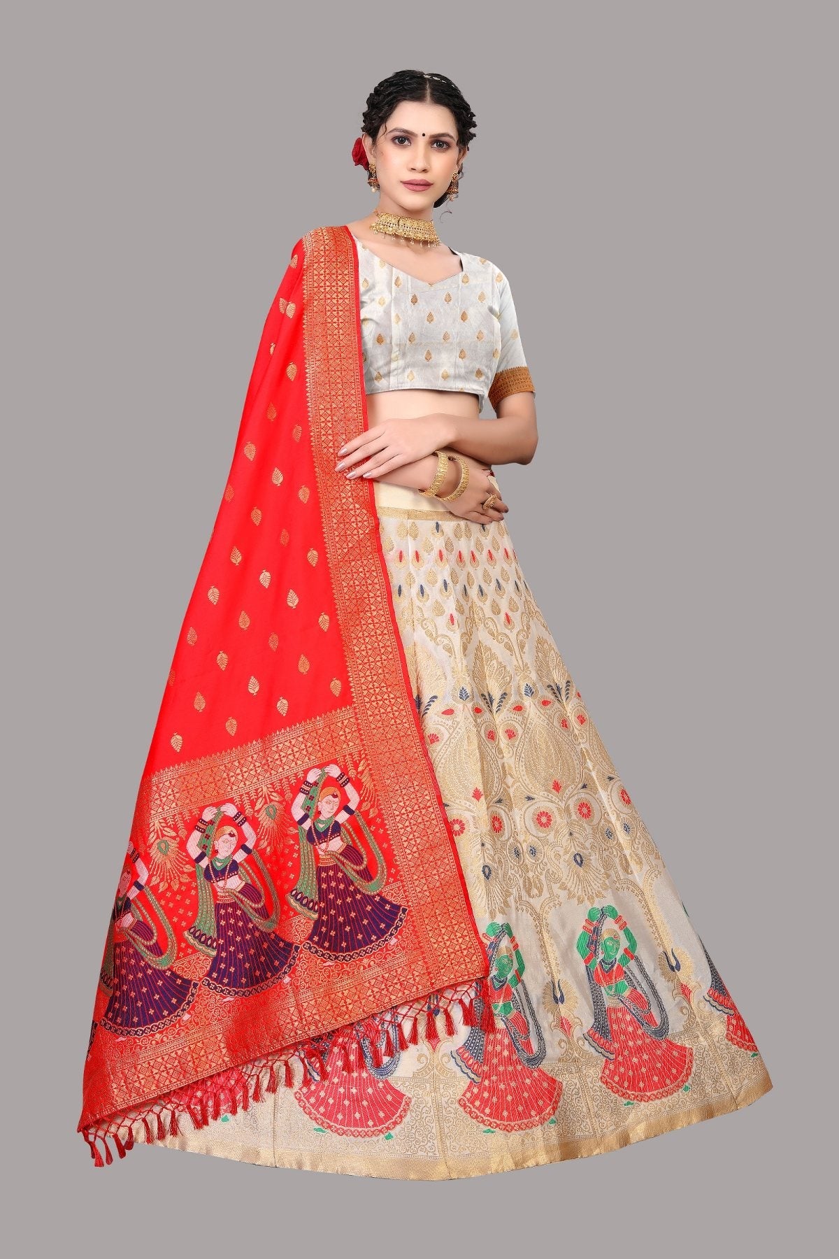 Jyoti Fashion Women's White Jacquard Zari Woven Designer Lehenga Choli Set | Grocsy