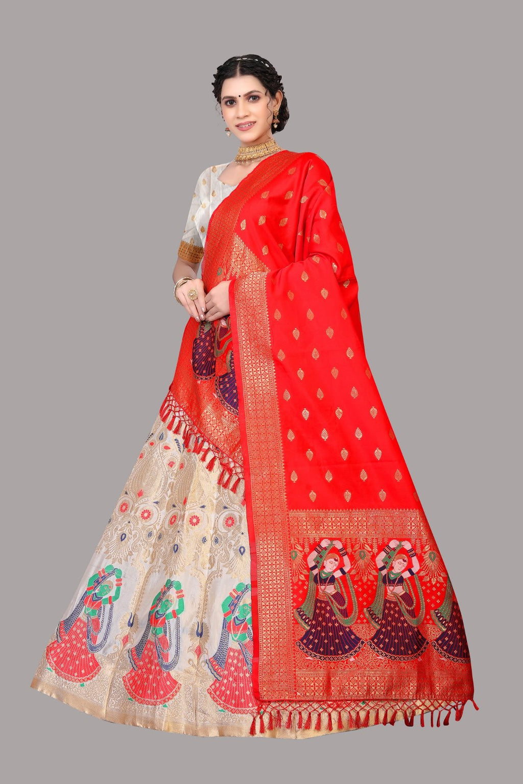 Jyoti Fashion Women's White Jacquard Zari Woven Designer Lehenga Choli Set | Grocsy