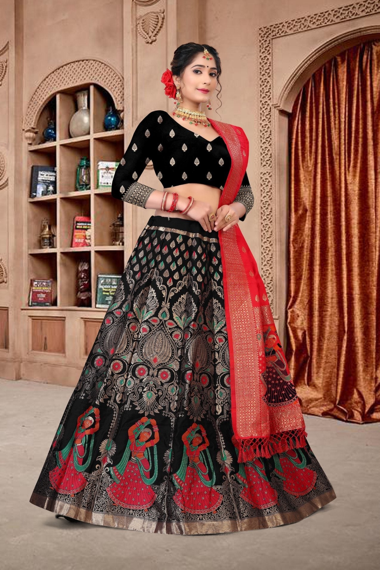 Jyoti Fashion Women's Black Jacquard Zari Woven Designer Lehenga Choli Set | Grocsy