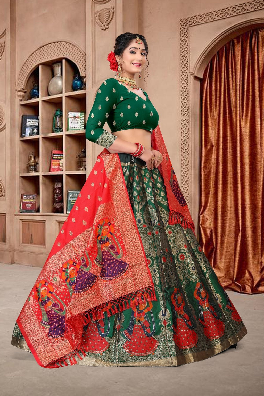 Jyoti Fashion Women's Dark Green Jacquard Zari Woven Designer Lehenga Choli Set | Grocsy