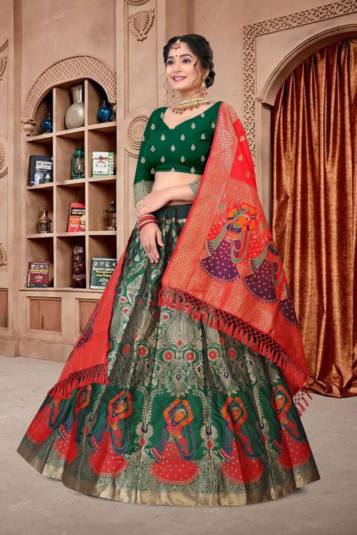 Jyoti Fashion Women's Dark Green Jacquard Zari Woven Designer Lehenga Choli Set | Grocsy