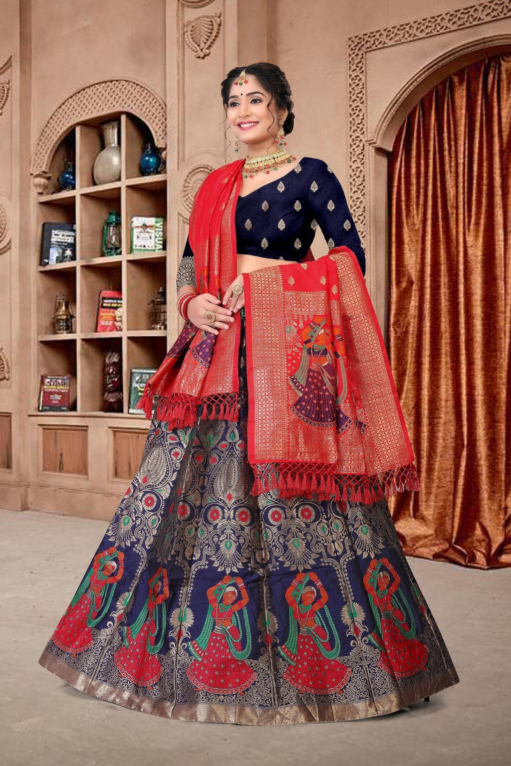 Jyoti Fashion Women's Navy Blue Jacquard Zari Woven Designer Lehenga Choli Set | Grocsy