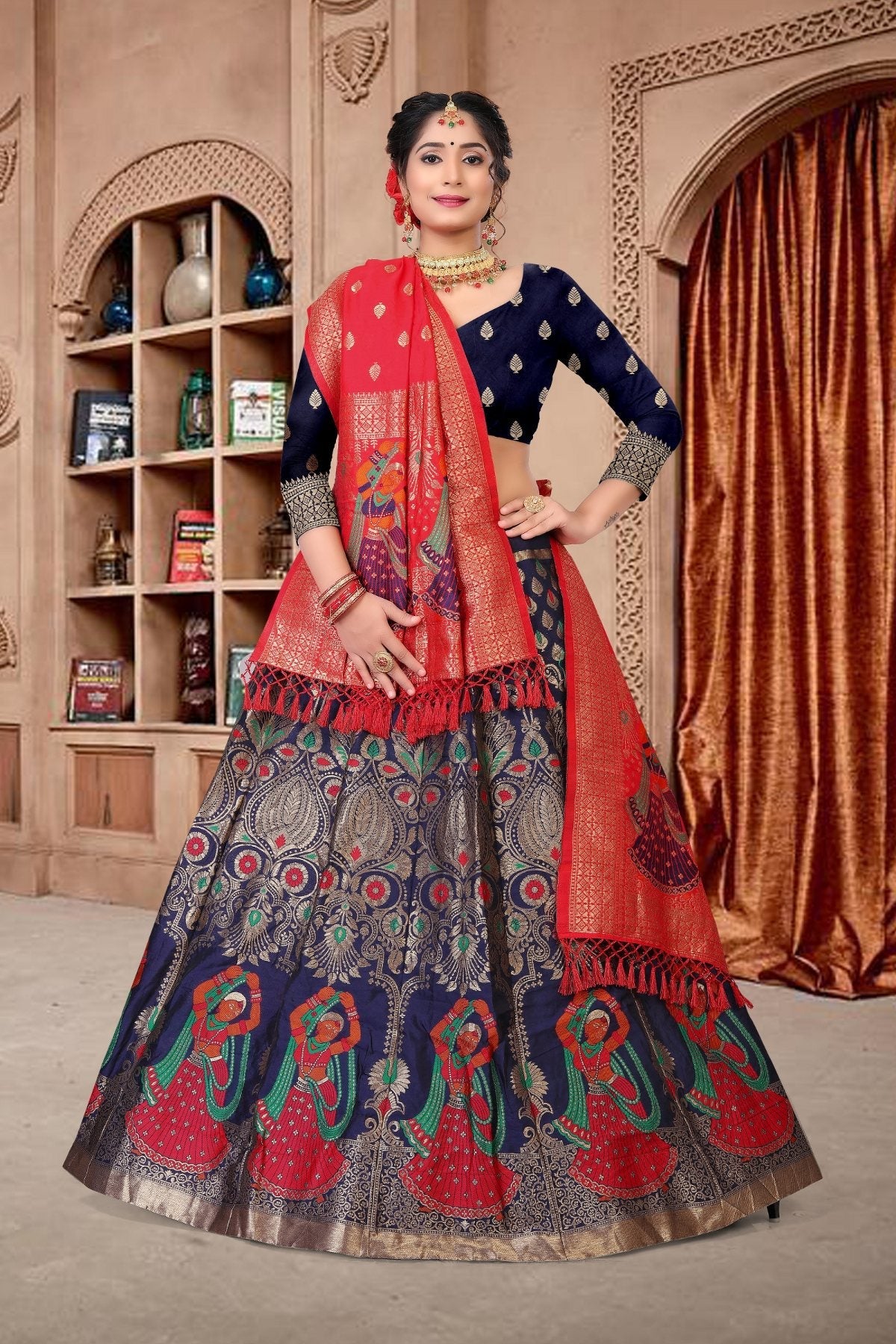 Jyoti Fashion Women's Navy Blue Jacquard Zari Woven Designer Lehenga Choli Set | Grocsy