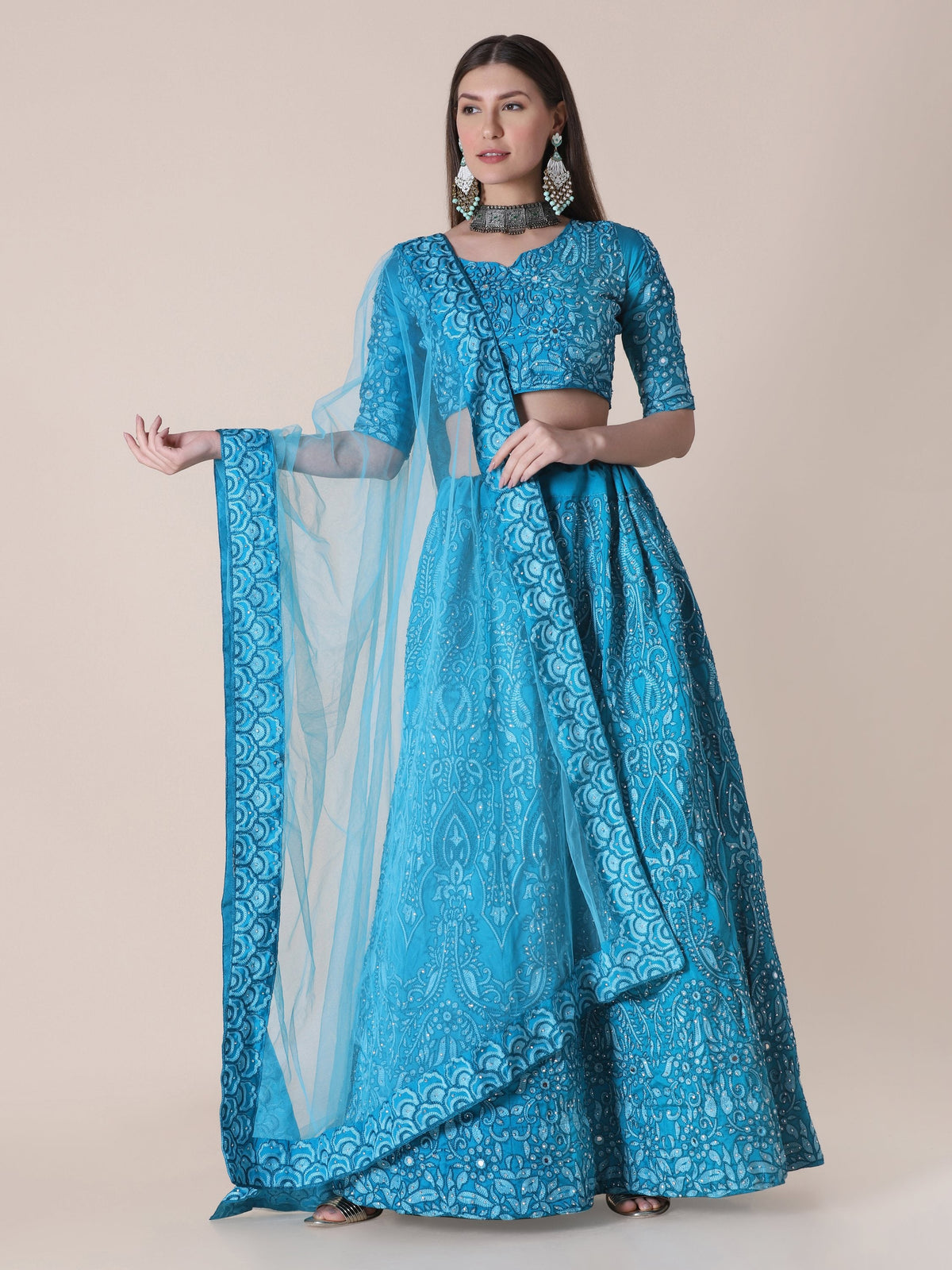 Jyoti Fashion Women's Sky Blue Taffeta Silk Thread Embroidered Designer Lehenga Choli Set | Grocsy