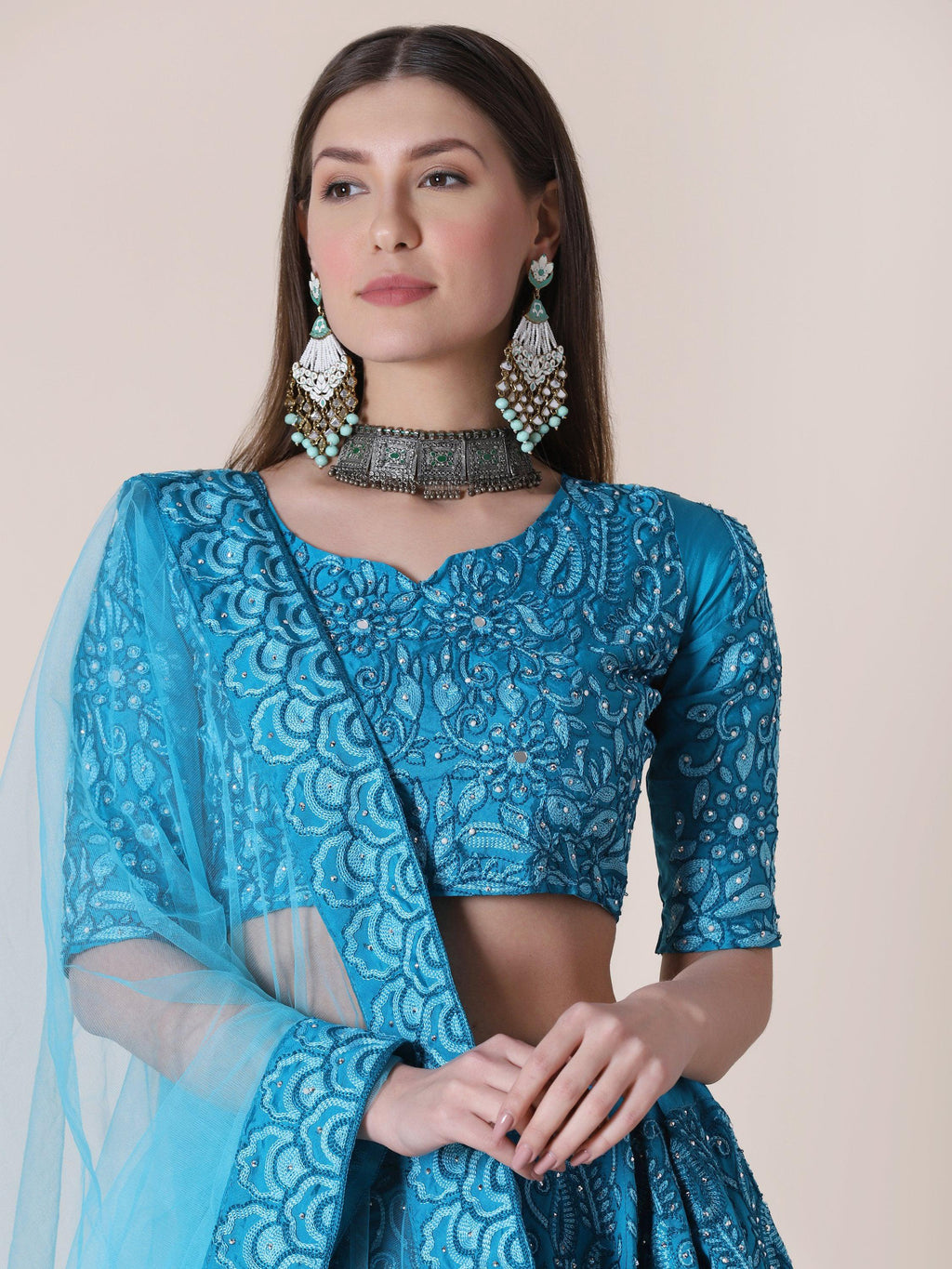 Jyoti Fashion Women's Sky Blue Taffeta Silk Thread Embroidered Designer Lehenga Choli Set | Grocsy